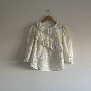 English Factory Eyelet Asymmetric Ruffle Front Long Sleeve Cotton Top‎